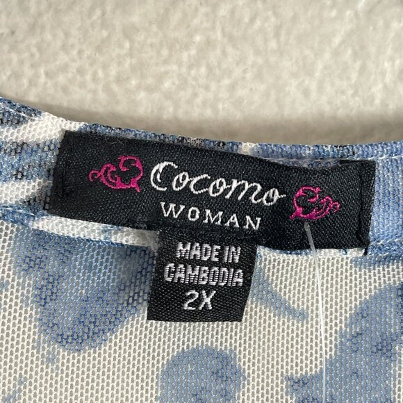 NEW Cocomo Woman Plus 2X Blue White Floral Blouse 3/4 Sleeves Button Front Top - Picture 3 of 9